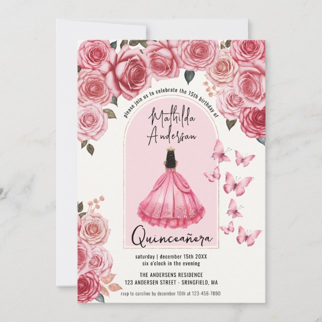 Invitación Hermosa princesa floral de oro Rosa Quinceanera (Anverso)
