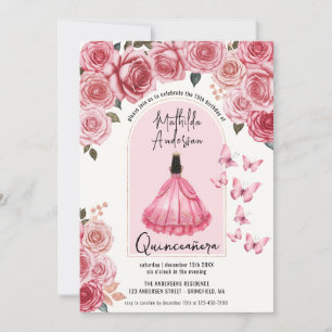 Invitación Hermosa princesa floral de oro Rosa Quinceanera
