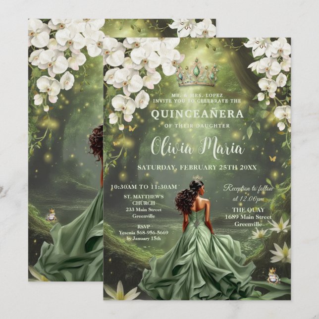 Invitación Hermosa Princesa y Rana Guata Verde Quinceañera (Anverso / Reverso)