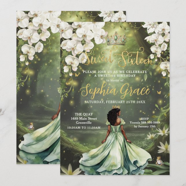 Invitación Hermosa Princesa y Rana Vestido Verde Dulce 16 (Anverso / Reverso)