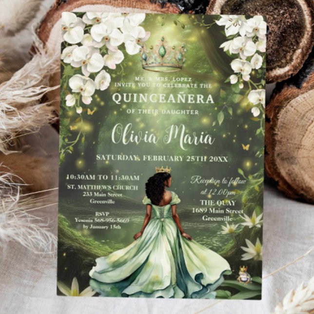 Invitación Hermosa Princesa y Rana Vestido Verde Quinceañera (princess-and-the-frog-green-dress-gown-enchanted-swamp-white-orchids-floral-quinceanera-invitation)