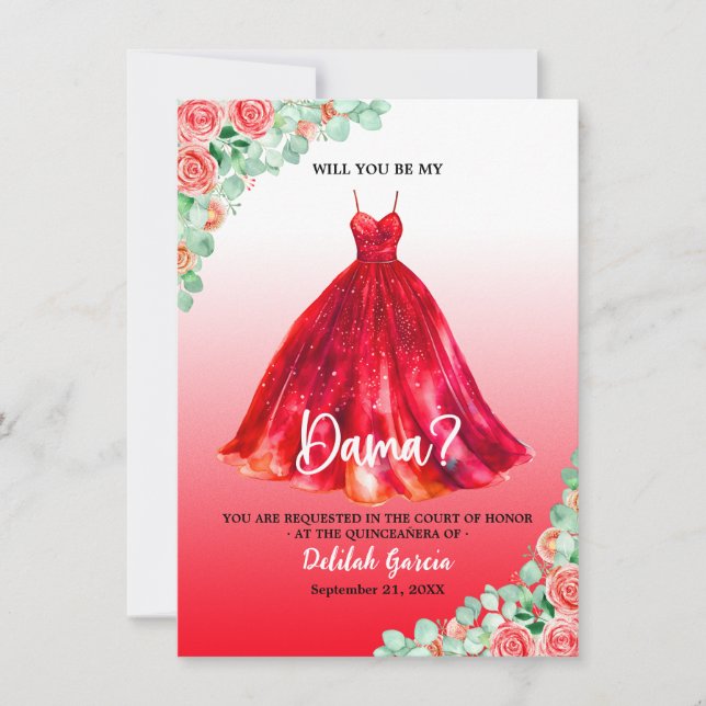 Invitación Hermosa Propuesta de Dama de Quinceañera Roja (Anverso)