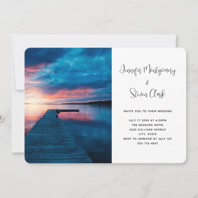 Invitación Hermosa puesta de sol en un tranquilo Boda de lago (Anverso)