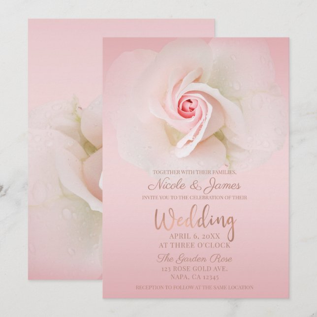 Invitación Hermosa Rosa Húmeda Rosa Suave Elegante Boda (Anverso / Reverso)