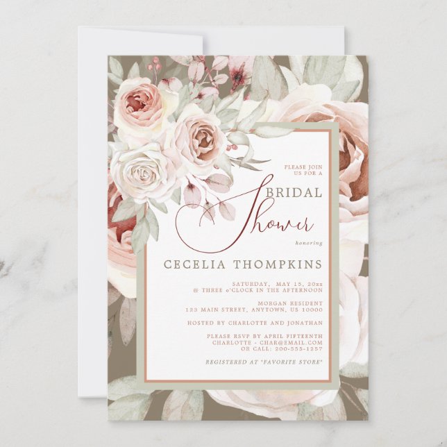 Invitación Hermosa Rosa Pastel Bridal Shower (Anverso)