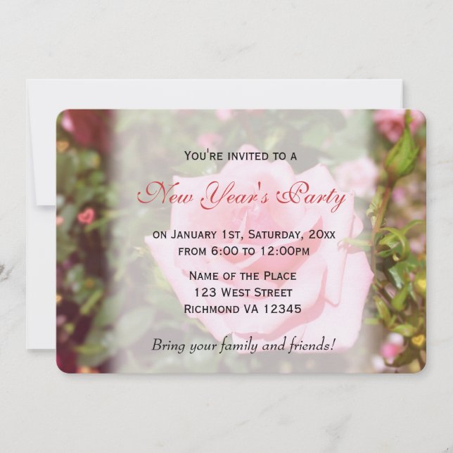 Invitación Hermosa rosa rosa flor de Año Nuevo fiesta (Anverso)