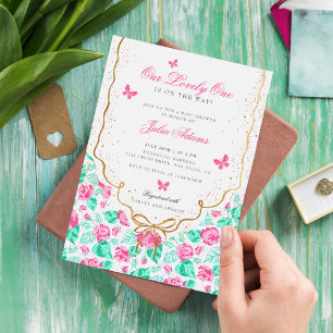 Invitación Hermosa Rosa Rosa Floral Arco Dorado Baby shower