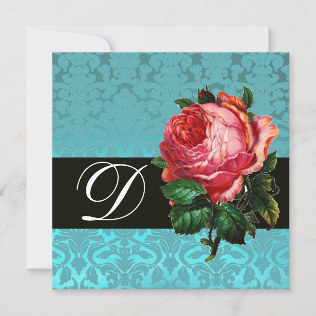 INVITACIÓN HERMOSA ROSA ROSA ROSA AZUL NEGRO DAMASCO MONOGRAM (Anverso)