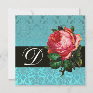 INVITACIÓN HERMOSA ROSA ROSA ROSA AZUL NEGRO DAMASCO MONOGRAM