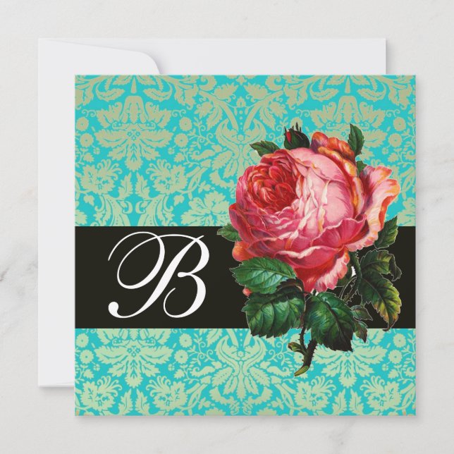 INVITACIÓN HERMOSA ROSA ROSA ROSA AZUL NEGRO DAMASCO MONOGRAM (Anverso)