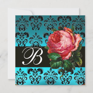INVITACIÓN HERMOSA ROSA ROSA ROSA AZUL NEGRO DAMASCO MONOGRAM