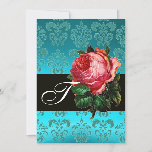INVITACIÓN HERMOSA ROSA ROSA ROSA AZUL NEGRO DAMASCO MONOGRAM (Anverso)