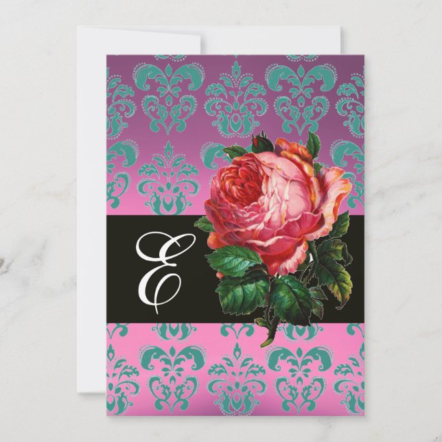 INVITACIÓN HERMOSA ROSA ROSA ROSA LÍLAC AZUL DAMASK MONOGRAM (Anverso)