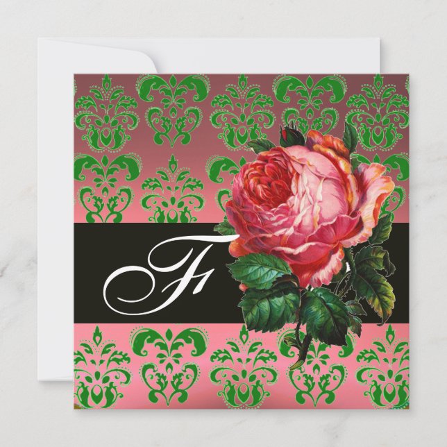 INVITACIÓN HERMOSA ROSA ROSA ROSA VERDE NEGRO DAMASK MONOGRAM (Anverso)