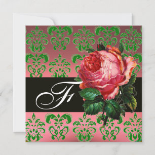 INVITACIÓN HERMOSA ROSA ROSA ROSA VERDE NEGRO DAMASK MONOGRAM