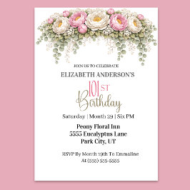 Invitación Hermosa Rosa y Blanca Peonía 101 Cumpleaños