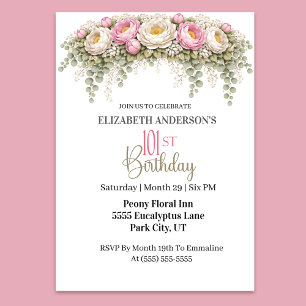 Invitación Hermosa Rosa y Blanca Peonía 101 Cumpleaños