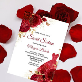 Invitación Hermosa Rosas Rojas Sparkle Vestido Dulce 16