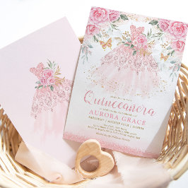 Invitación Hermosa Rosas Rosa Princesa Vestida Quinceañera