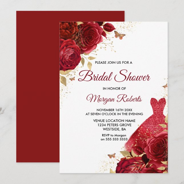 Invitación Hermosa Roses Rojas Esparkle Vestido Brillante Duc (Anverso / Reverso)