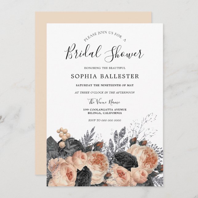 Invitación Hermosa Rubor Peach Elegante Floral Bridal Ducha (Anverso / Reverso)