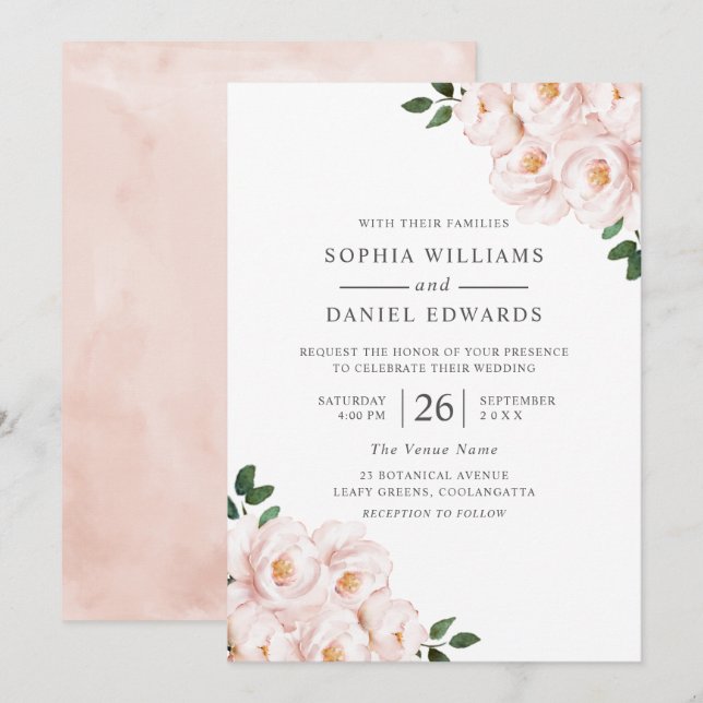 Invitación Hermosa Rubor Rosa Elegante Boda Primavera de Invi (Anverso / Reverso)