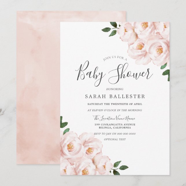 Invitación Hermosa Rubor suave Flores rosas Baby Shower (Anverso / Reverso)
