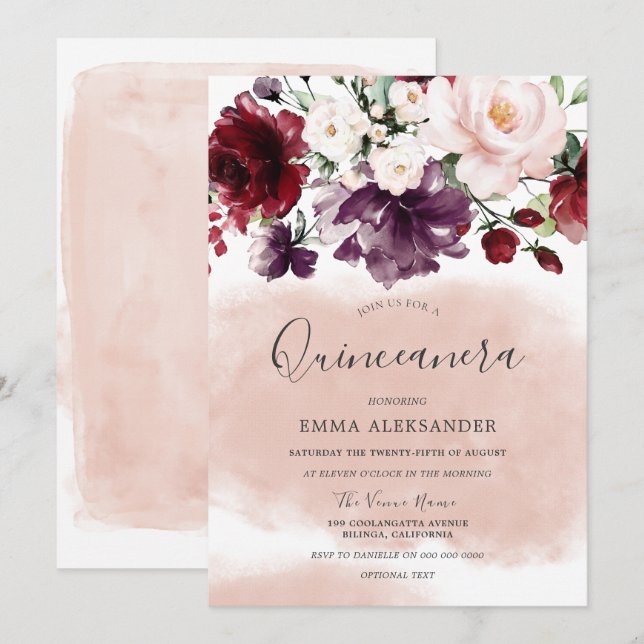Invitación Hermosa Rubor Watercolor Botánico Quinceanera (Anverso / Reverso)