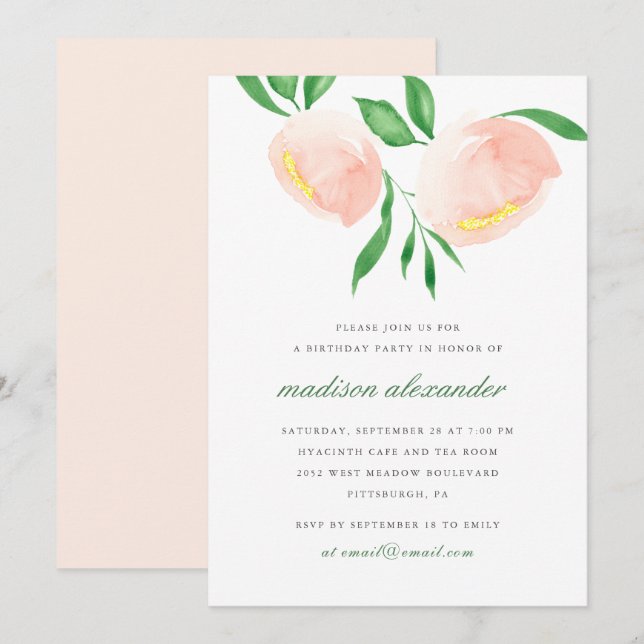 Invitación Hermosa Rubor Watercolor Flower Cumpleaños (Anverso / Reverso)