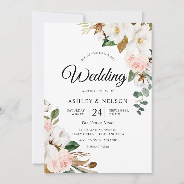 Invitación Hermosa Rubor y Flores Blancas Elegante Boda (Anverso)