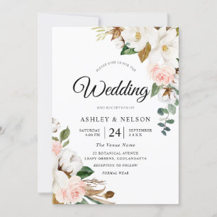 Invitación Hermosa Rubor y Flores Blancas Elegante Boda