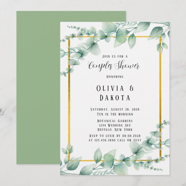Invitación Hermosa Sage Green Greenerenery Dorado Parejas Duc (Anverso / Reverso)