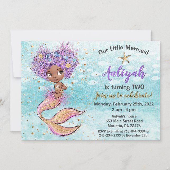 Invitación Hermosa sirena afroamericana cumpleaños (Anverso)