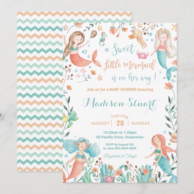 Invitación Hermosa sirena Baby Shower bajo el mar niña bebé (Anverso / Reverso)