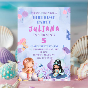Invitación Hermosa sirena bajo la fiesta de cumpleaños del ch