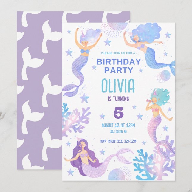 Invitación Hermosa sirena bajo la fiesta de cumpleaños del ma (Anverso / Reverso)
