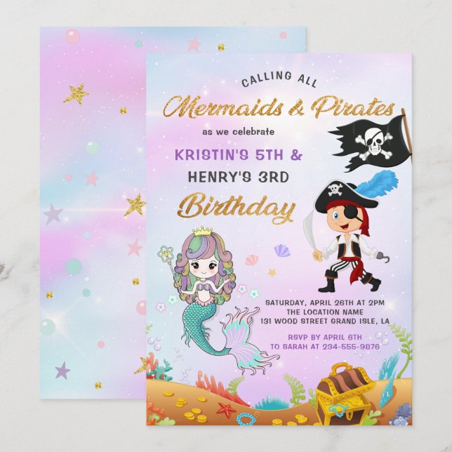 Invitación Hermosa sirena y pirata bajo el mar Cumpleaños (Anverso / Reverso)