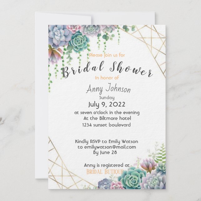 Invitación Hermosa Suculenta Ducha Bridal (Anverso)