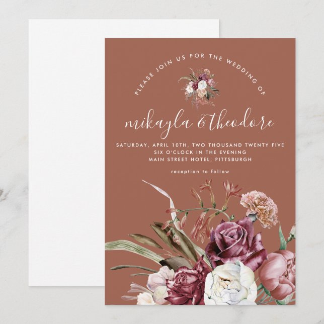 Invitación Hermosa Terracota Boho Floral (Anverso / Reverso)
