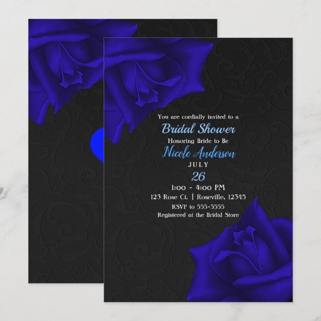 Invitación Hermosa textura negra Rosas azules ducha de novia (Anverso / Reverso)