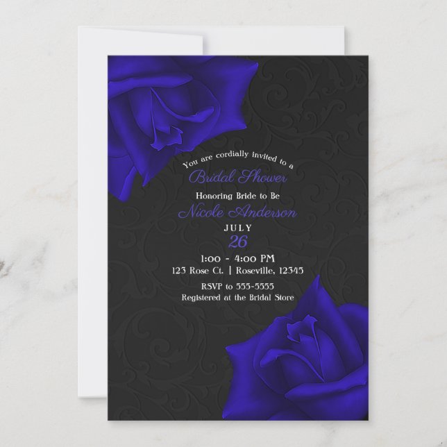 Invitación Hermosa textura negra Rosas azules ducha de novia (Anverso)