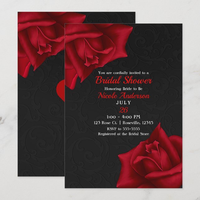 Invitación Hermosa textura negra Roses rojos Ducha de novia (Anverso / Reverso)
