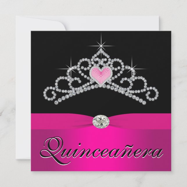 Invitación Hermosa Tiara de Princesa Rosa Quinceañera (Anverso)