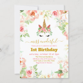 Invitación Hermosa Unicornio Face Watercolor Primer Cumpleaño