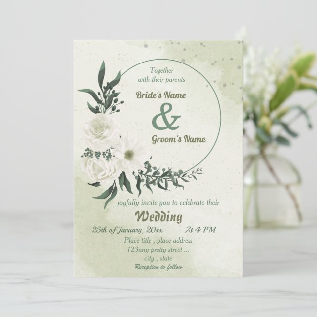 Invitación hermosa vegetación floral blanca boda de flores (Anverso de pie)
