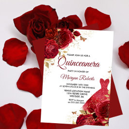 Invitación Hermosa vestimenta de rosas rojas rojas Quinceaner