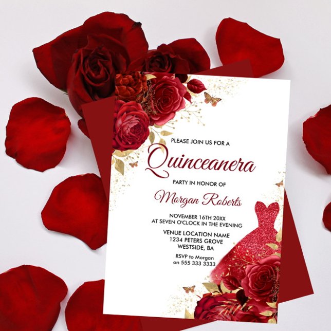 Invitación Hermosa vestimenta de rosas rojas rojas Quinceaner (Subido por el creador)