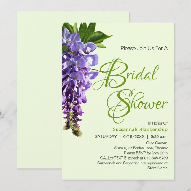 Invitación Hermosa Wisteria Púrpura Flores Ducha Bridal (Anverso / Reverso)