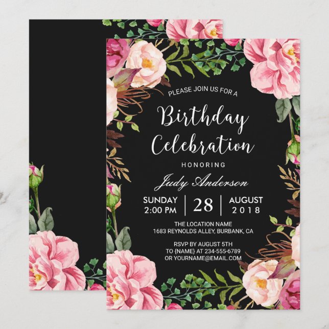 Invitación Hermosa Wreath Floral Rosa Girona fiesta de cumple (Anverso / Reverso)