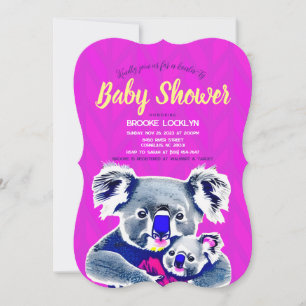 Invitación Hermosa y brillante Neon Pink Mom and Baby Koalas